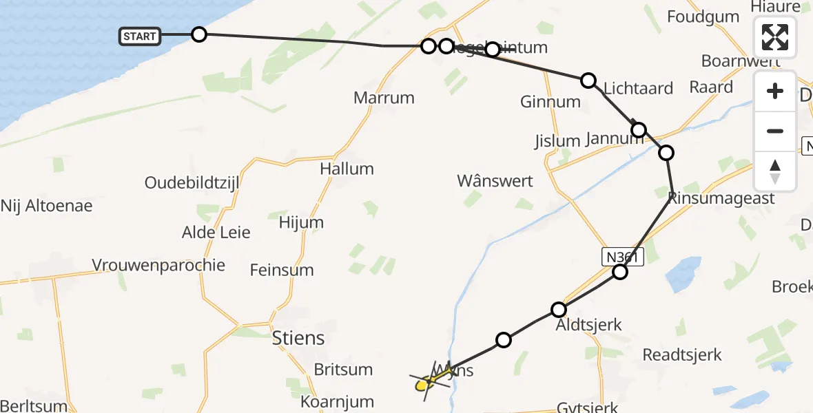 Routekaart van de vlucht: Ambulanceheli naar Stiens