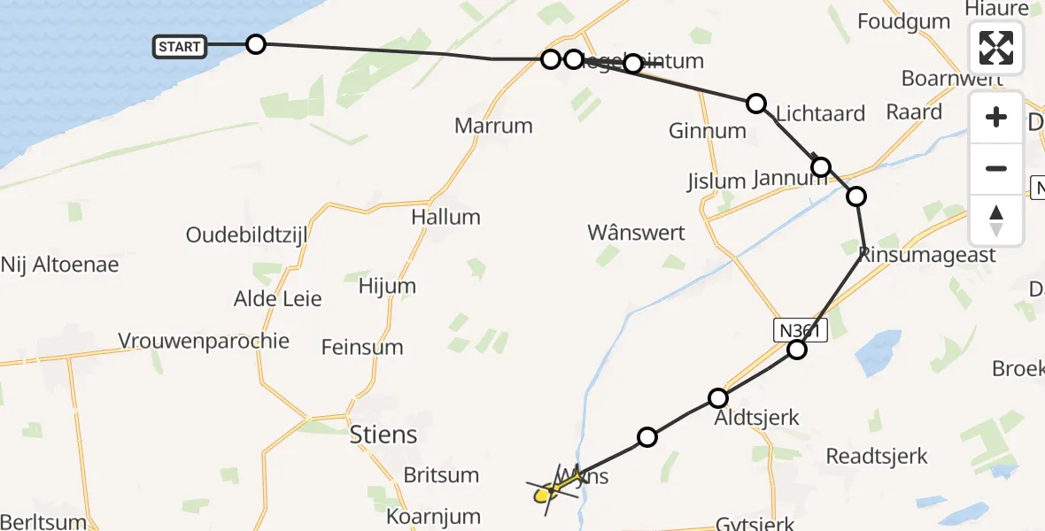 Routekaart van de vlucht: Ambulancehelikopter naar Stiens