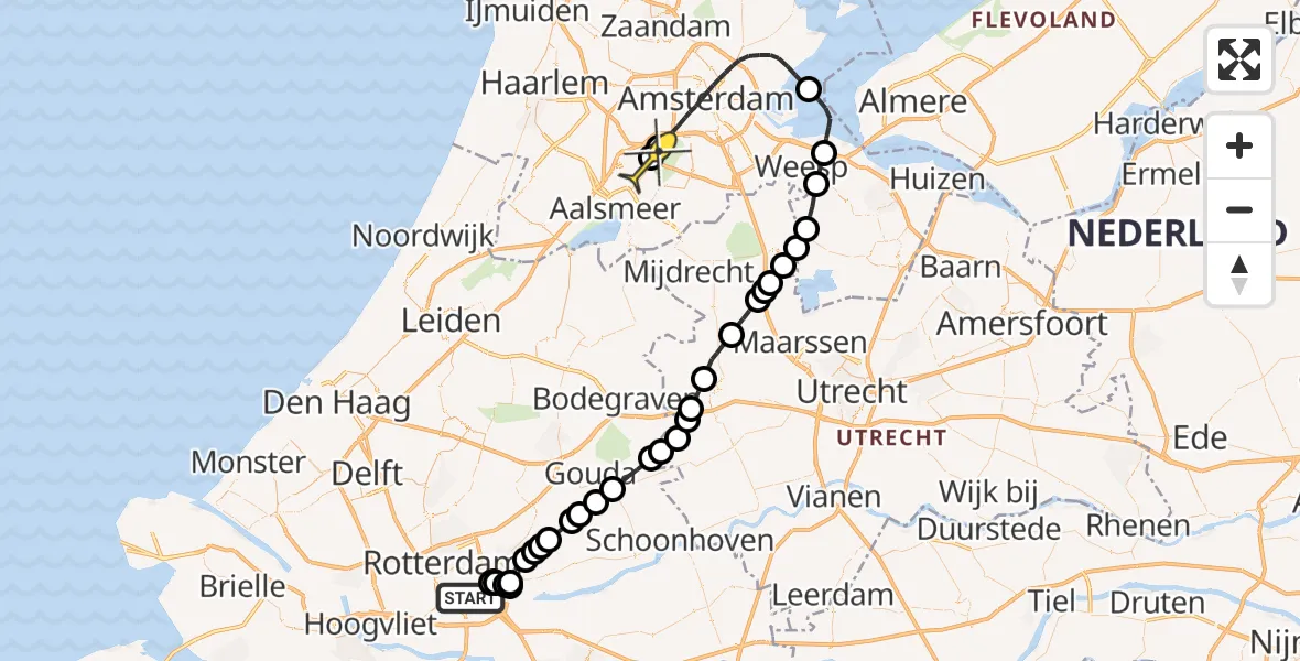 Routekaart van de vlucht: Politieheli naar Schiphol