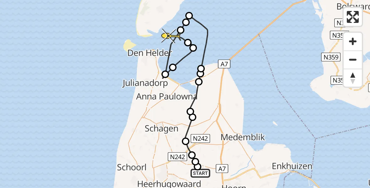 Routekaart van de vlucht: Politieheli naar Den Helder