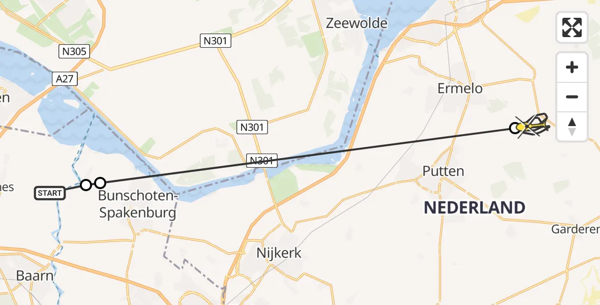 Routekaart van de vlucht: Politiehelikopter naar Ermelo