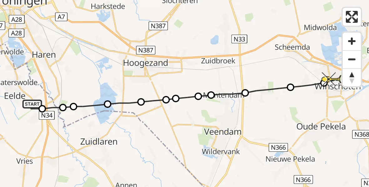 Routekaart van de vlucht: Lifeliner 4 naar Winschoten