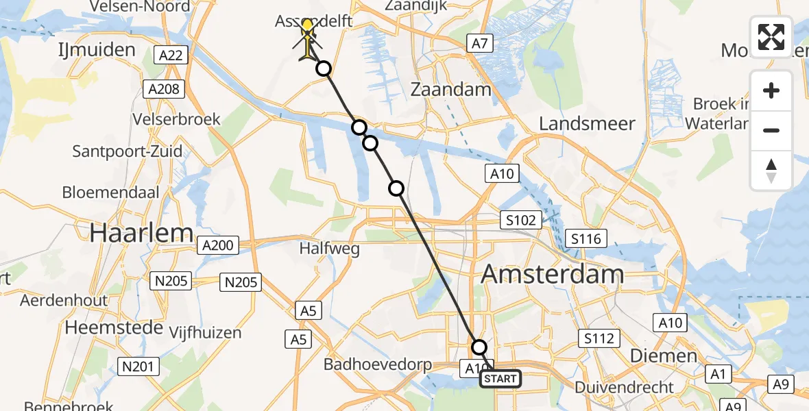 Routekaart van de vlucht: Lifeliner 1 naar Assendelft