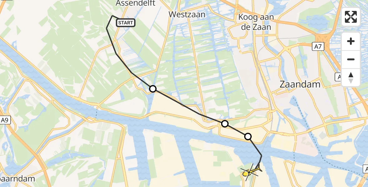 Routekaart van de vlucht: Lifeliner 1 naar Amsterdam Heliport