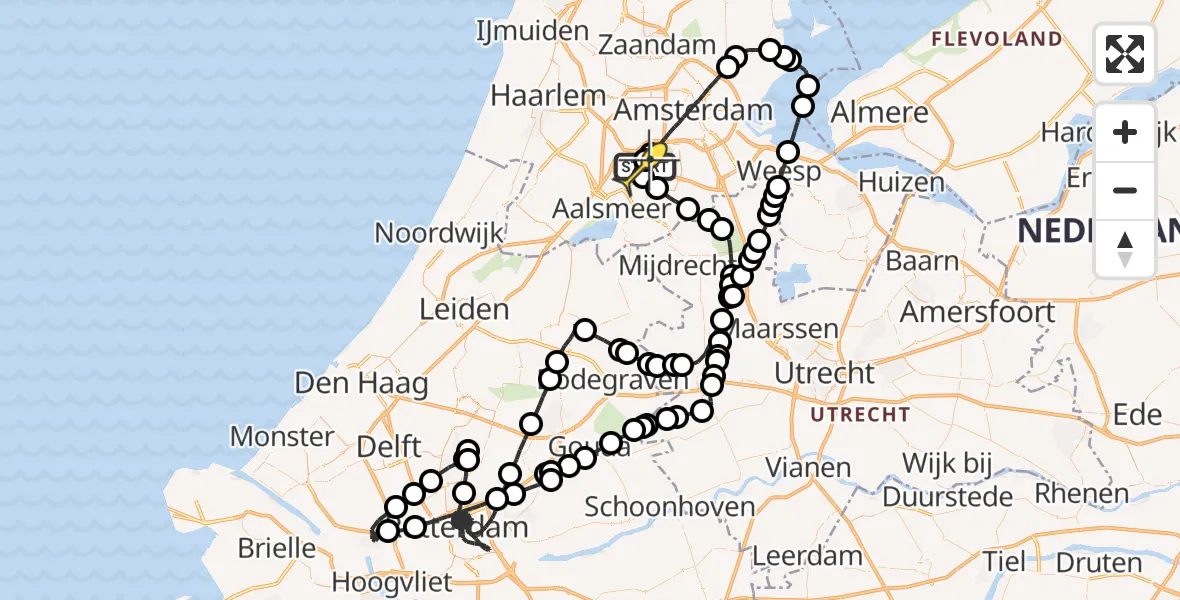 Routekaart van de vlucht: Politieheli naar Schiphol