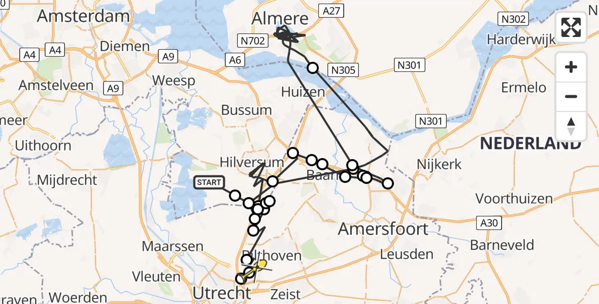 Routekaart van de vlucht: Politieheli naar De Bilt