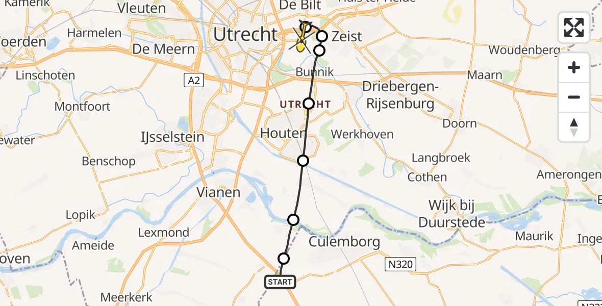 Routekaart van de vlucht: Lifeliner 3 naar Universitair Medisch Centrum Utrecht