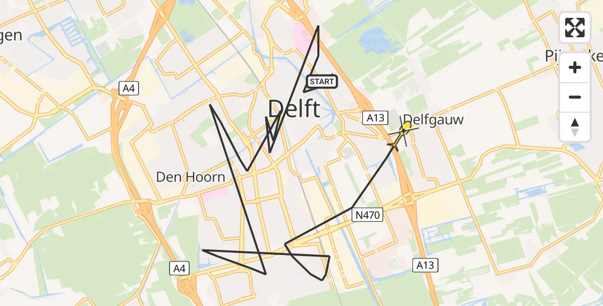 Routekaart van de vlucht: Politieheli naar Delft