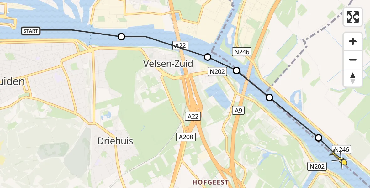 Routekaart van de vlucht: Politieheli naar Velsen-Zuid