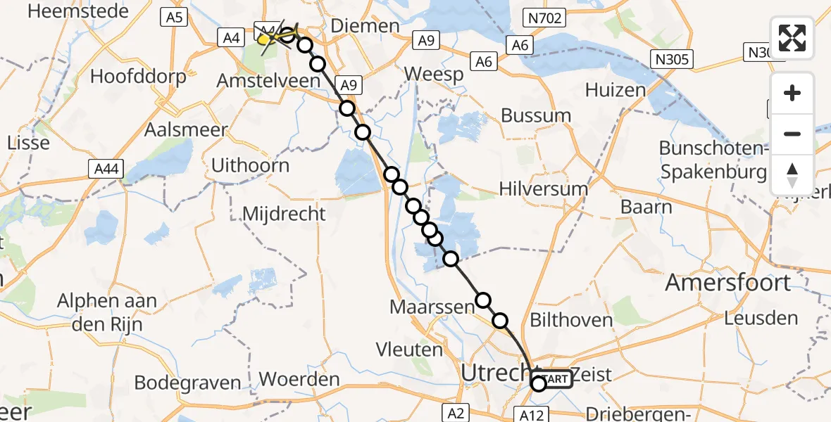 Routekaart van de vlucht: Lifeliner 1 naar VU Medisch Centrum Amsterdam