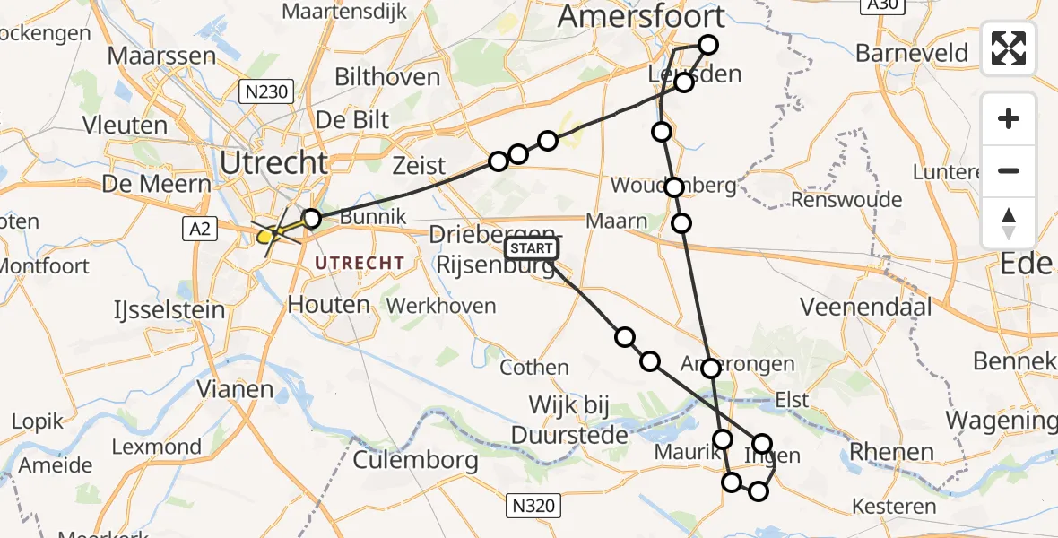 Routekaart van de vlucht: Politieheli naar Utrecht