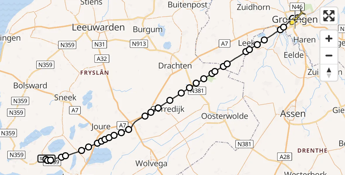 Routekaart van de vlucht: Lifeliner 4 naar Universitair Medisch Centrum Groningen