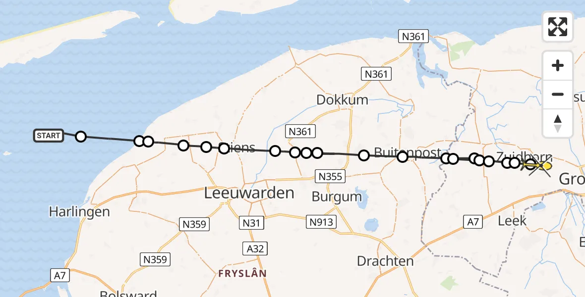 Routekaart van de vlucht: Ambulanceheli naar Zuidhorn