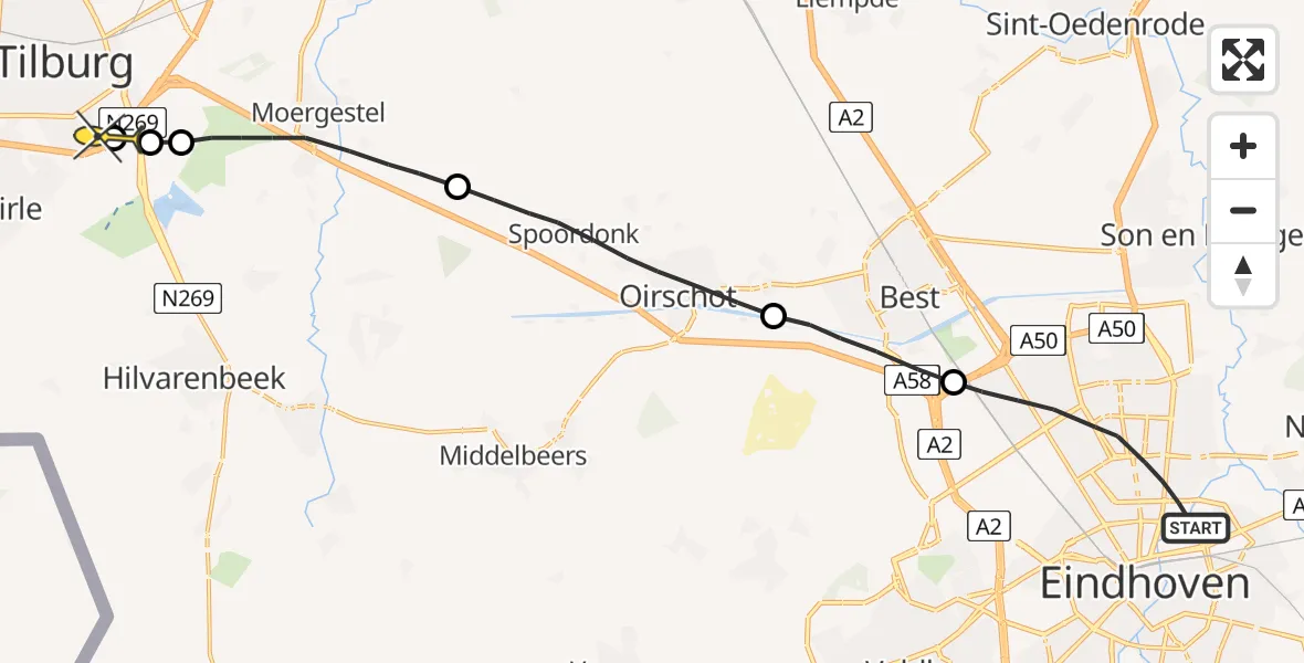 Routekaart van de vlucht: Lifeliner 3 naar Tilburg