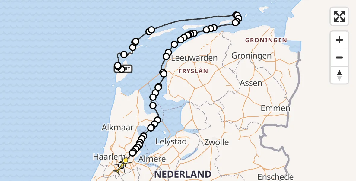 Routekaart van de vlucht: Politieheli naar Schiphol