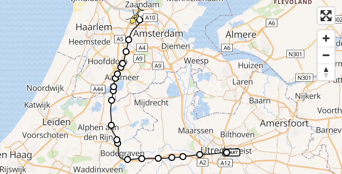 Routekaart van de vlucht: Lifeliner 1 naar Amsterdam Heliport