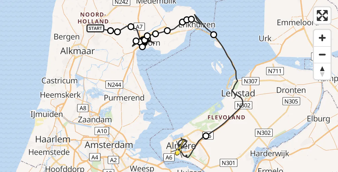 Routekaart van de vlucht: Politieheli naar Almere