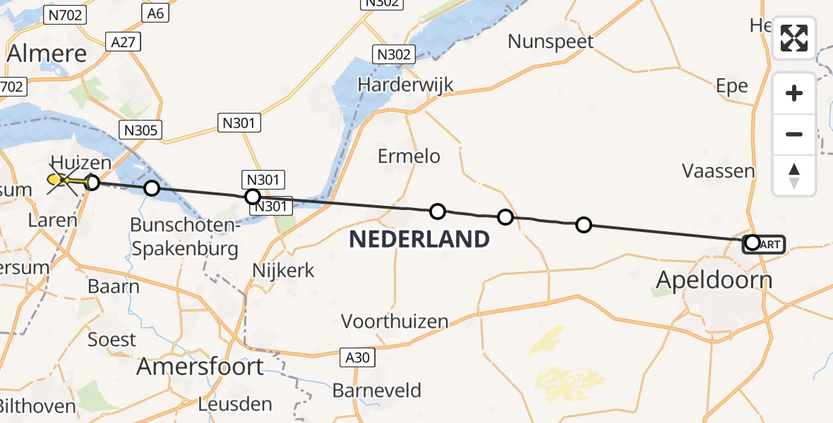 Routekaart van de vlucht: Politiehelikopter naar Huizen