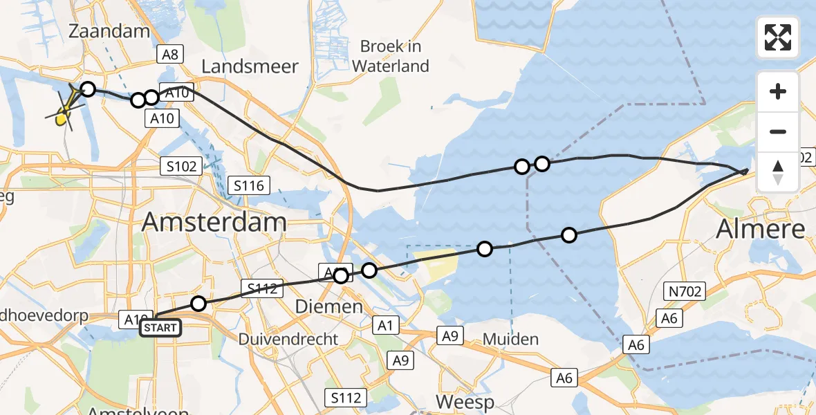 Routekaart van de vlucht: Lifeliner 1 naar Amsterdam Heliport