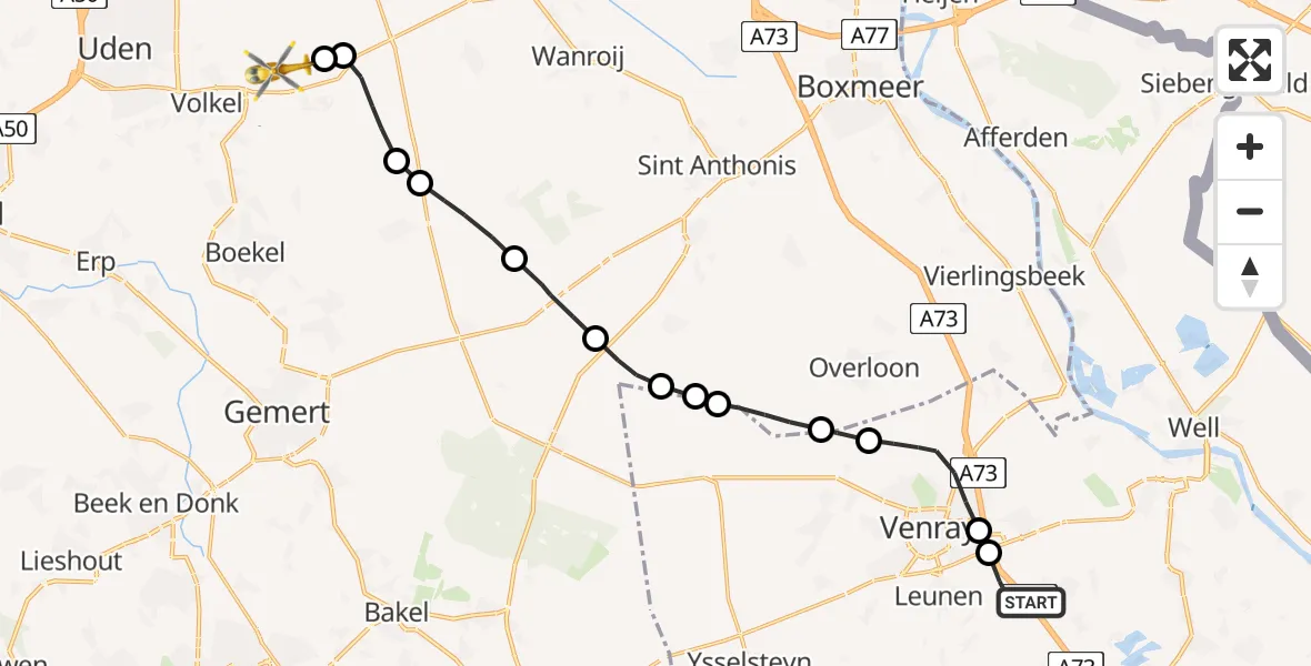 Vluchtroute Traumahelikopter Oirlo - Vliegbasis Volkel, 01 januari 2023, 00:08