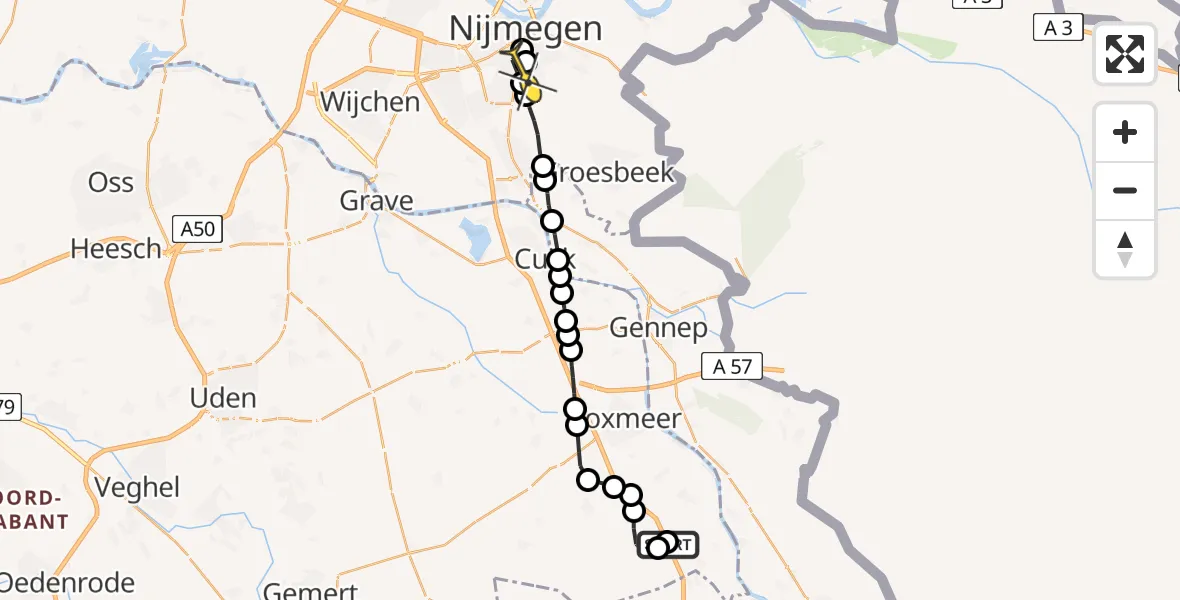 Routekaart van de vlucht: Lifeliner 3 naar Radboud Universitair Medisch Centrum