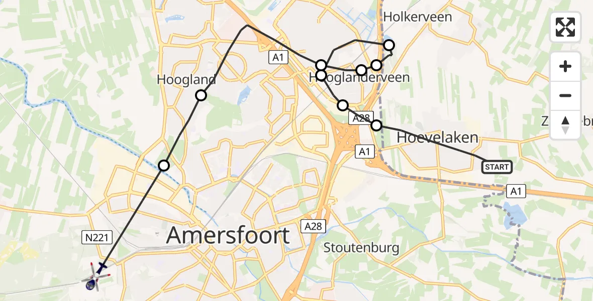Vluchtroute Politiehelikopter Hoevelaken - Amersfoort, 01 januari 2023, 00:31