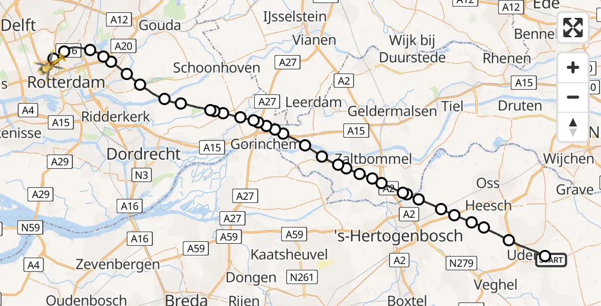 Vluchtroute Traumahelikopter Vliegbasis Volkel - Rotterdam The Hague Airport, 01 januari 2023, 00:32