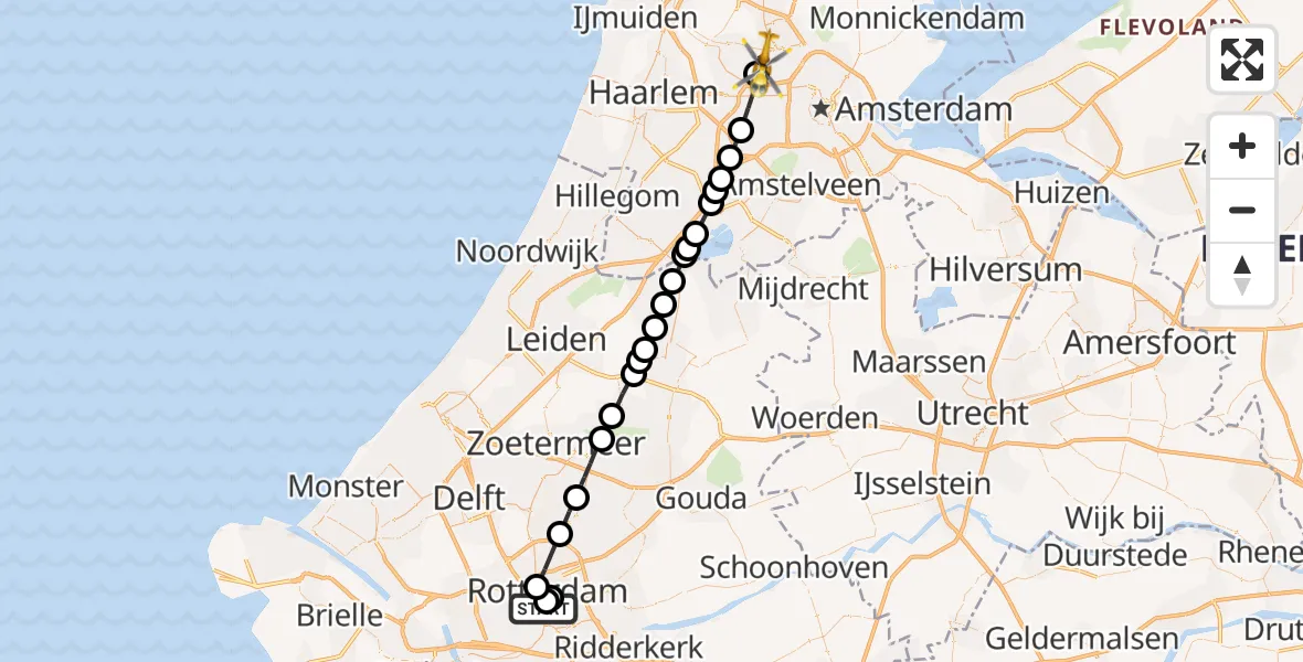 Vluchtroute Traumahelikopter Erasmus MC - Amsterdam Heliport, 01 januari 2023, 00:42