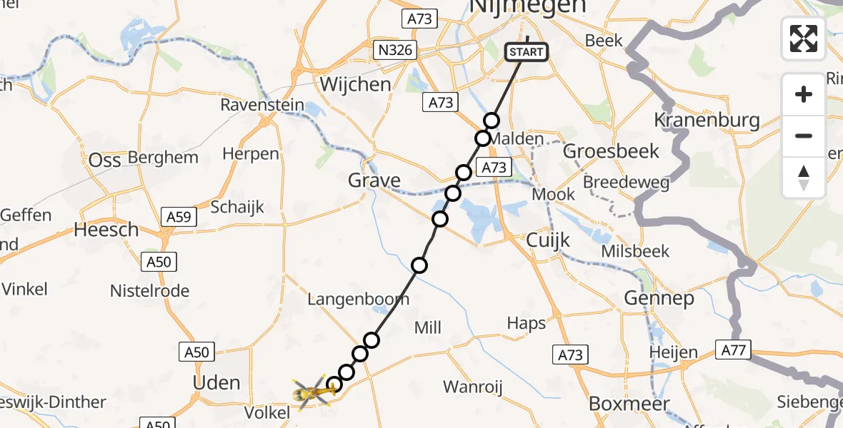 Vluchtroute Traumahelikopter Radboud Universitair Medisch Centrum - Vliegbasis Volkel, 01 januari 2023, 01:02