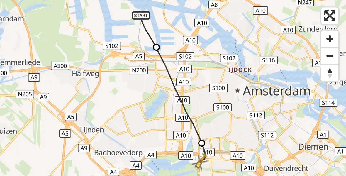 Vluchtroute Traumahelikopter Amsterdam Heliport - VU Medisch Centrum Amsterdam, 01 januari 2023, 01:07