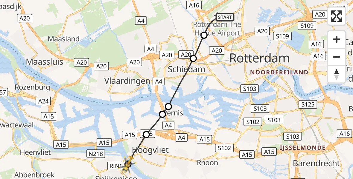 Vluchtroute Traumahelikopter Rotterdam The Hague Airport - Spijkenisse, 01 januari 2023, 01:34