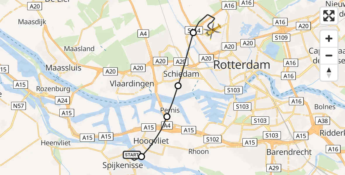 Vluchtroute Traumahelikopter Spijkenisse - Rotterdam The Hague Airport, 01 januari 2023, 01:56