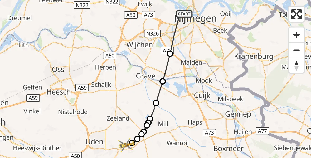 Vluchtroute Traumahelikopter Nijmegen - Vliegbasis Volkel, 01 januari 2023, 05:24