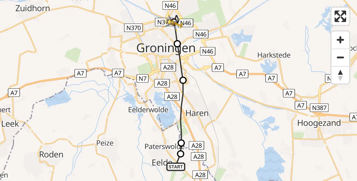 Vluchtroute Traumahelikopter Groningen Airport Eelde - Groningen, 01 januari 2023, 07:59