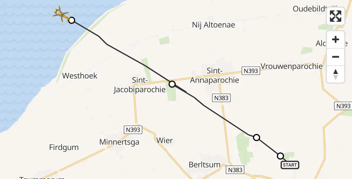 Vluchtroute Ambulancehelikopter Bitgummole - Oosterend, 01 januari 2023, 09:44
