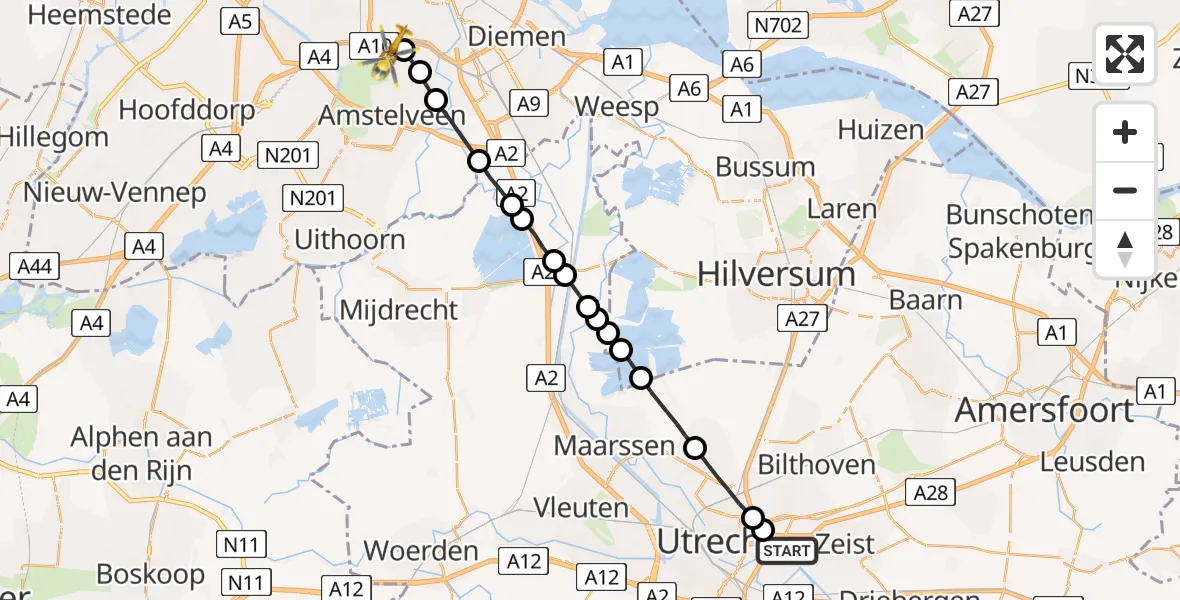 Vluchtroute Traumahelikopter Universitair Medisch Centrum Utrecht - VU Medisch Centrum Amsterdam, 01 januari 2023, 09:50
