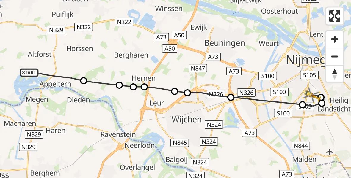 Vluchtroute Traumahelikopter Appeltern - Radboud Universitair Medisch Centrum, 01 januari 2023, 13:56
