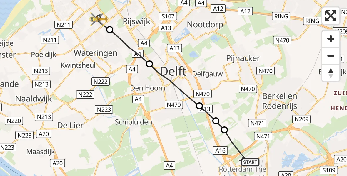 Vluchtroute Traumahelikopter Rotterdam The Hague Airport - Den Haag, 01 januari 2023, 14:36