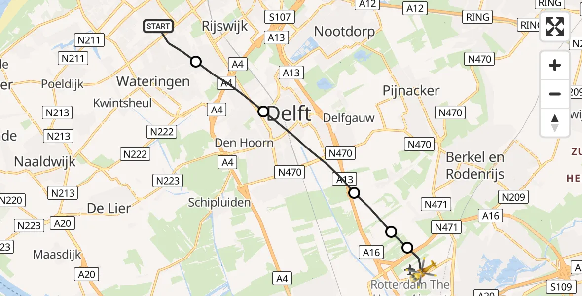 Vluchtroute Traumahelikopter Den Haag - Rotterdam The Hague Airport, 01 januari 2023, 15:00