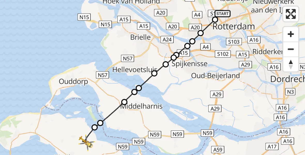 Vluchtroute Traumahelikopter Rotterdam The Hague Airport - Dreischor, 01 januari 2023, 15:21