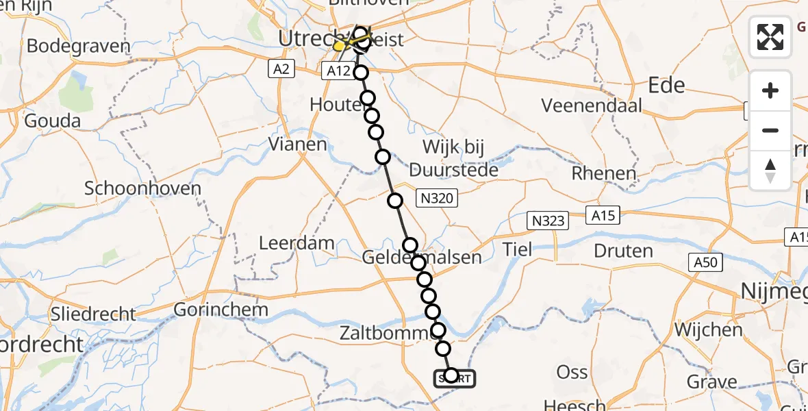 Routekaart van de vlucht: Lifeliner 3 naar Universitair Medisch Centrum Utrecht