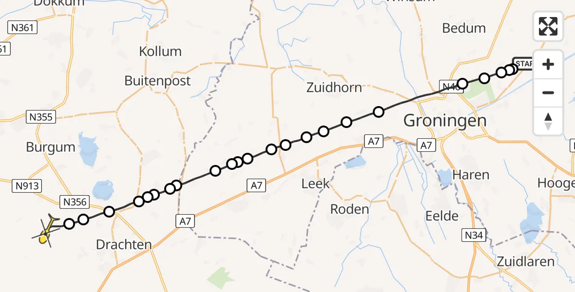 Routekaart van de vlucht: Lifeliner 4 naar Oudega