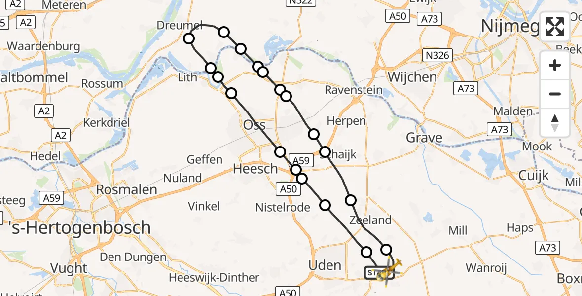Vluchtroute Traumahelikopter Vliegbasis Volkel - Vliegbasis Volkel, 02 januari 2023, 13:45