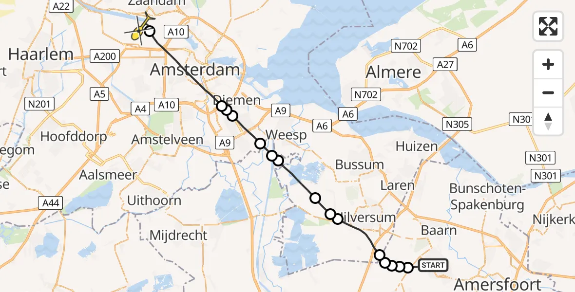 Routekaart van de vlucht: Lifeliner 1 naar Amsterdam Heliport