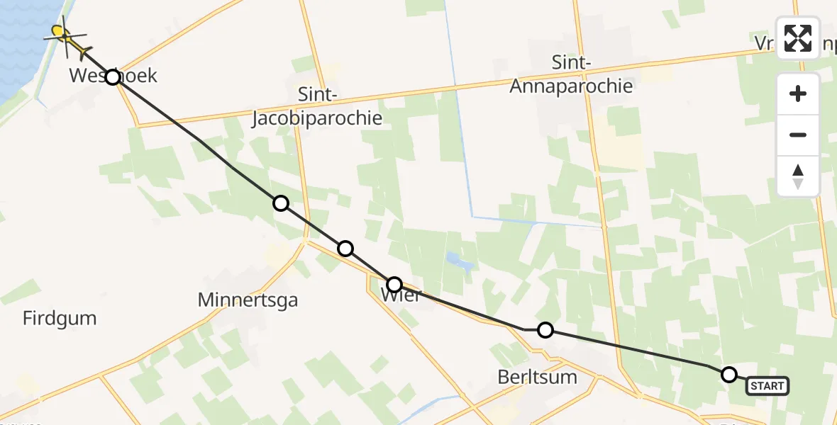 Routekaart van de vlucht: Ambulanceheli naar St.-Jacobiparochie