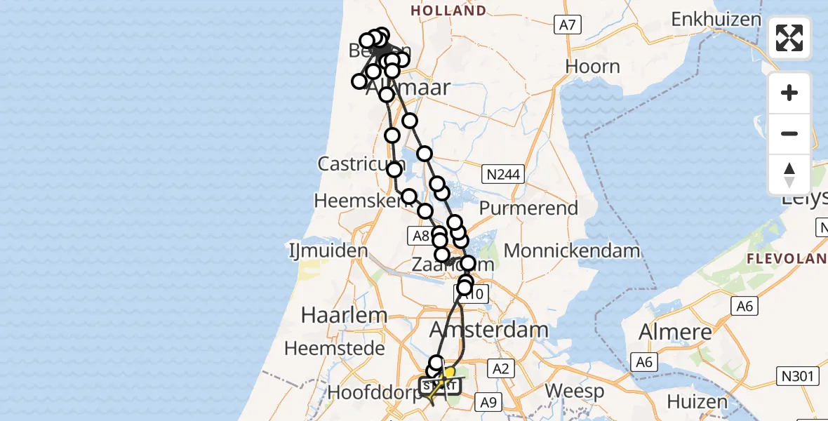 Routekaart van de vlucht: Politieheli naar Schiphol