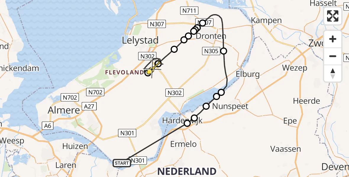 Routekaart van de vlucht: Politieheli naar Lelystad Airport