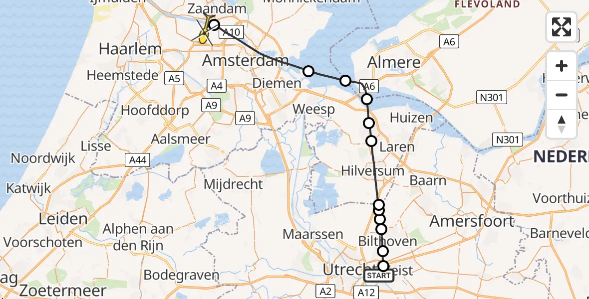 Routekaart van de vlucht: Lifeliner 1 naar Amsterdam Heliport