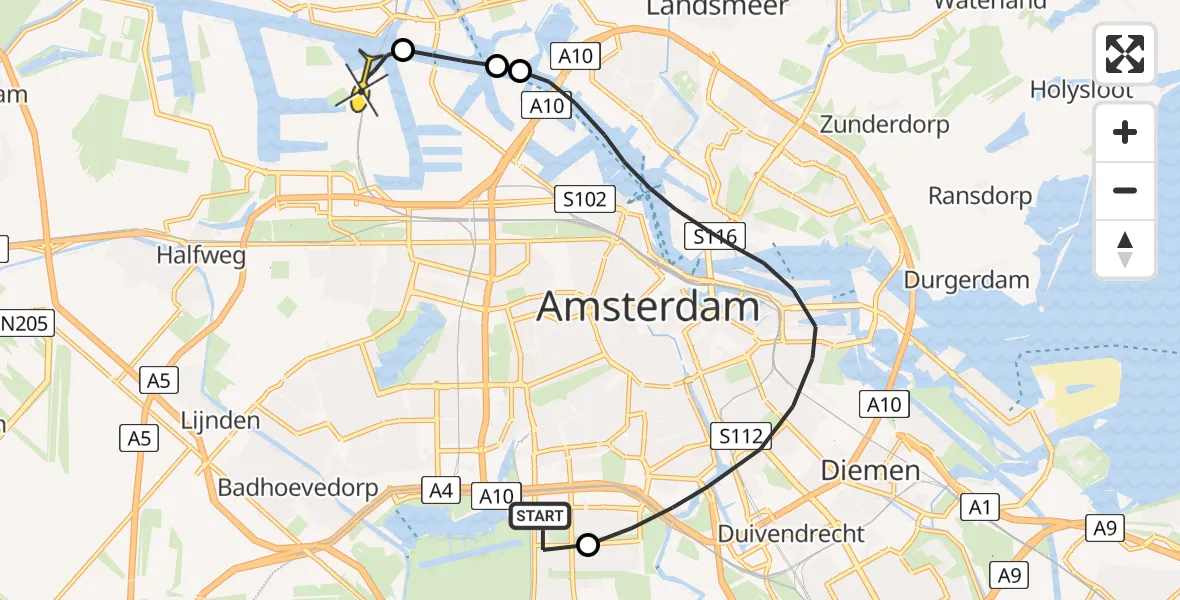 Routekaart van de vlucht: Lifeliner 1 naar Amsterdam Heliport
