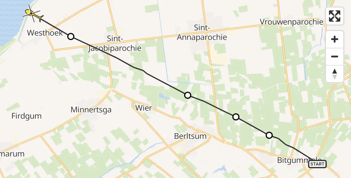 Routekaart van de vlucht: Ambulancehelikopter naar St.-Jacobiparochie